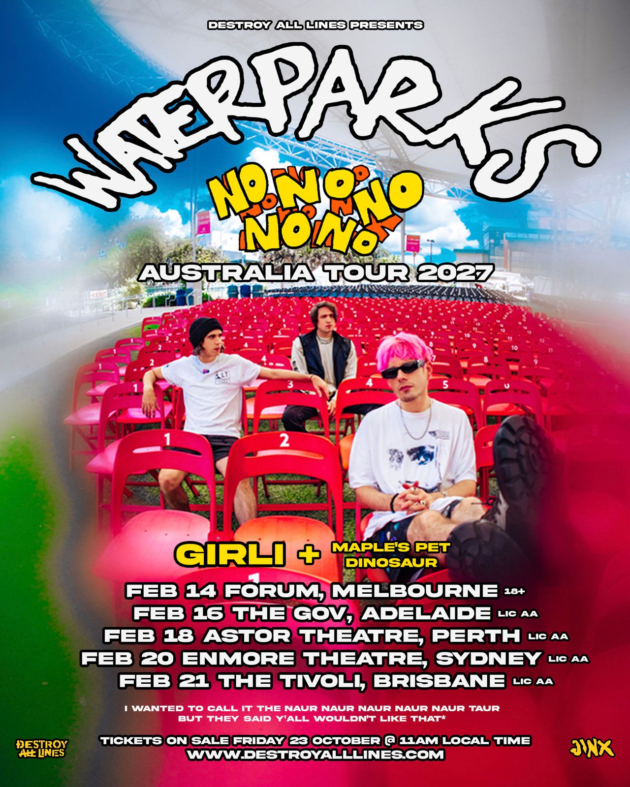 Waterparks Australia Tour 2027 poster featuring band members seated in red chairs and concert dates.